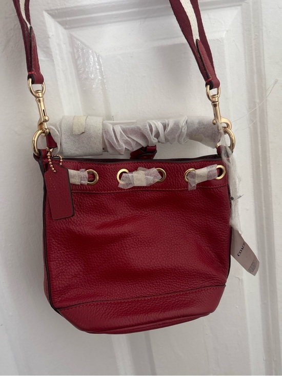 Coach Red Pebbled Leather Drawstring Crossbody with Striped Strap - Picture 2 of 2